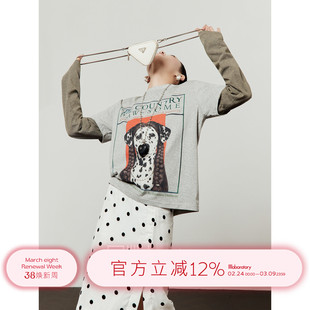 周里物出品「斑点长发狗」花灰色T恤女2026春季新款宽松圆领上衣