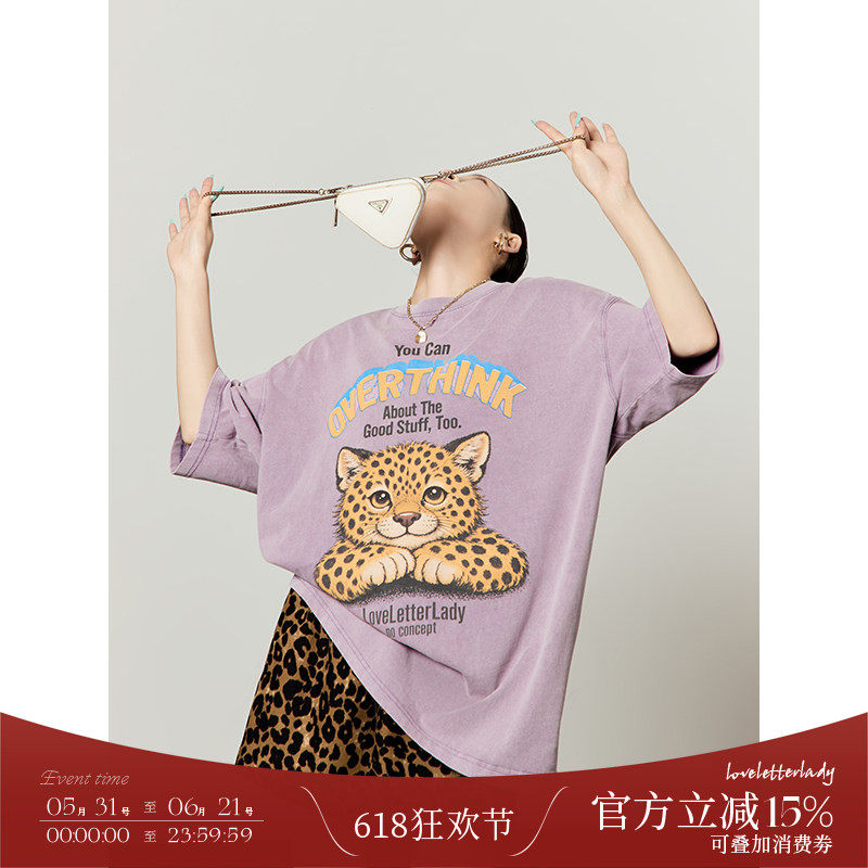 周里物/浅紫色乖巧豹猫印花t恤女夏2026新款宽松复古百搭减龄短袖