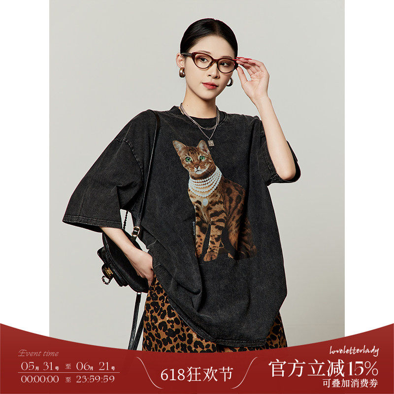 周里物出品「绿眼珍珠猫」黑色水洗T恤2026夏季新款原创印花短袖