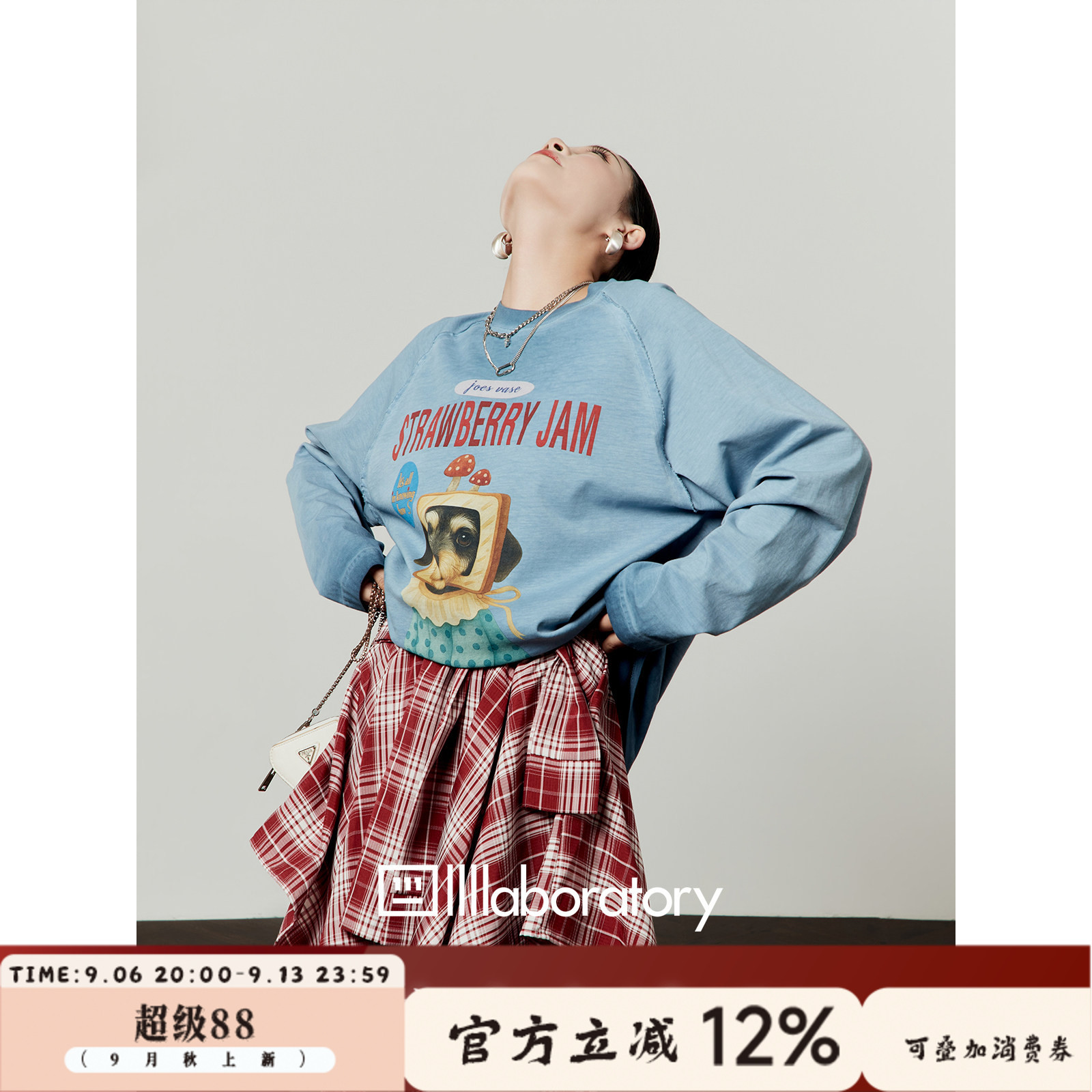 周里物出品「吐司狗」灰蓝色T恤女2026秋季新款宽松休闲印花上衣