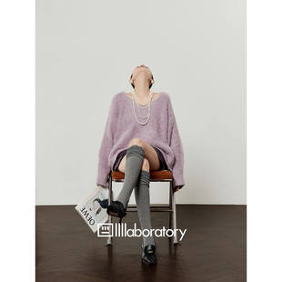 周里物/紫色毛衣女2026春季新款大圆领慵懒风羊驼绒拉毛针织上衣
