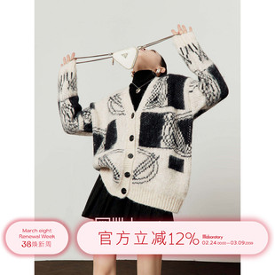 周里物/黑色毛衣女2025年新款V领撞色通勤风宽松拉绒软糯针织外套