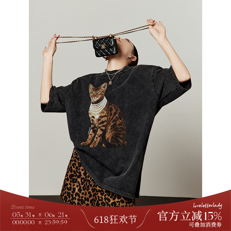 周里物出品「绿眼珍珠猫」黑色短袖女2026夏季新款休闲风潮流T恤