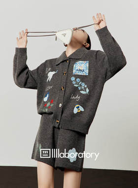 周里物出品「蓝马颂」灰色套装女2026春季新款针织开衫短裤两件套