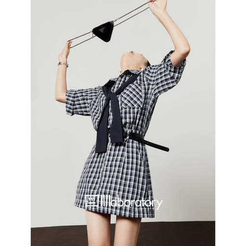 收腰显瘦格纹衬衫裙连衣裙