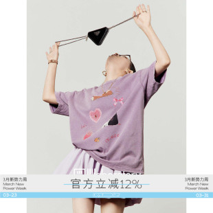 卡通印花水洗做旧宽松短袖 「周里物出品」紫色T恤女2025夏季 新款