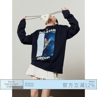 周里物出品「蓝水彩」海军蓝T恤女2026春季新款宽松休闲印花长袖