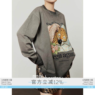周里物出品「睡眼惺忪」灰色T恤女2026马年新款 宽松休闲印花上衣