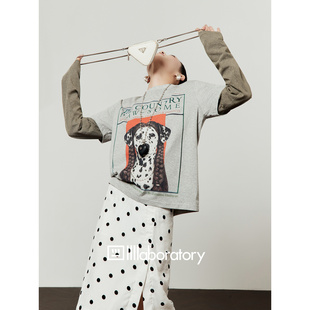 周里物出品「斑点长发狗」花灰色T恤女2026春季新款宽松圆领上衣