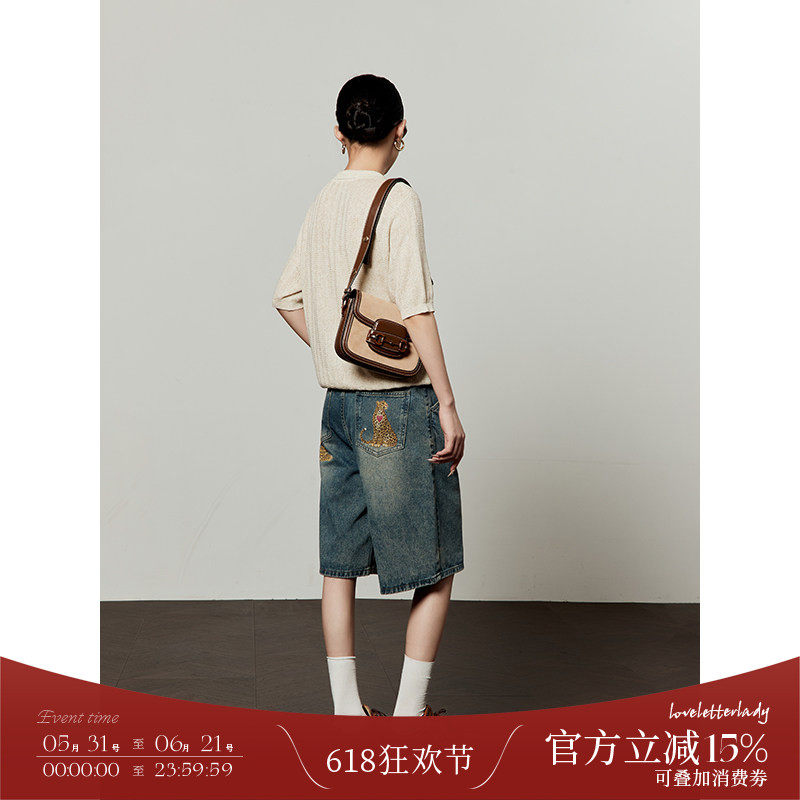 周里物/蓝色豹纹印花中腰牛仔短裤女2026新款宽松百搭直筒五分裤