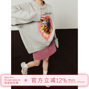周里物出品「头巾粉豹」灰色毛衣女2026春季新款宽松百搭针织上衣