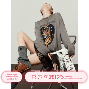 「周里物出品」灰色T恤女2025夏季新款金星豹子印花复古宽松短袖