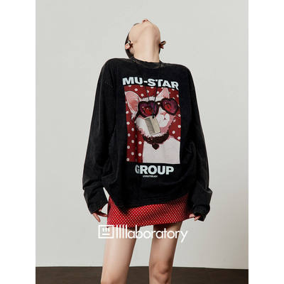 黑色猫咪印花做旧长袖