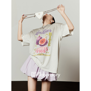 女装 周里物 渐变花灰色印花T恤女2026夏季 新款 宽松休闲百搭短袖