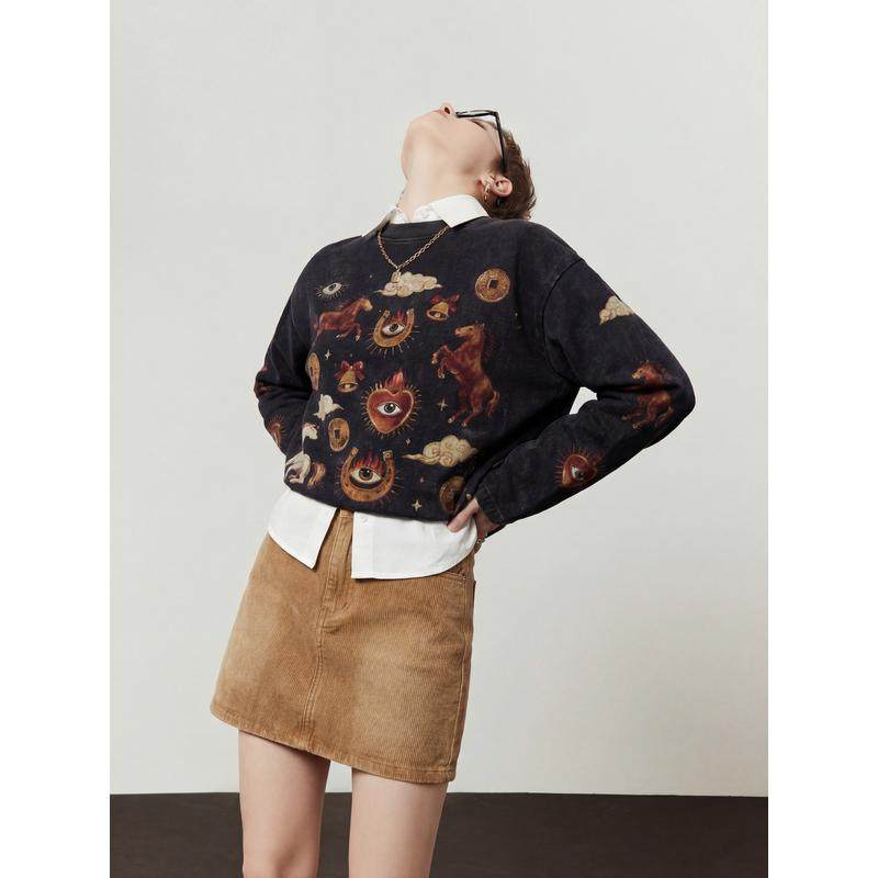 周里物出品「马到吉祥」黑色T恤女2026春季新款宽松印花长袖上衣,女装/女士精品,T恤,淘宝优惠券,粉丝福利购,淘宝优惠卷