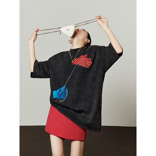 宽松水洗美式 周里物 T恤 女装 新款 炒花黑做旧印花短袖 T恤2026夏季