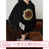 周里物出品「向日葵豹」黑色加绒卫衣女2025秋季 新款 印花连帽上衣