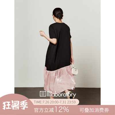 周里物黑粉拼色猫咪印花T恤裙女