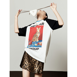 周里物 T恤女2026夏季 新款 宽松甜酷百搭上衣 黑白富贵豹猫印花短袖