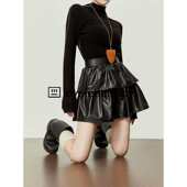 周里物 黑色皮裙女半身裙PU高腰显瘦显高a字蛋糕短裙带内衬裙裤