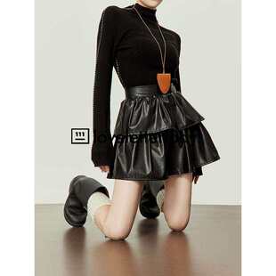 周里物/黑色皮裙女半身裙PU高腰显瘦显高a字蛋糕短裙带内衬裙裤