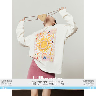 宽松休闲印花长袖 周里物出品「糖果神话」白色T恤女2026春季 新款