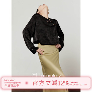 周里物/黑色衬衫女2025新款国风新中式缎面提花亮片拼接宽松衬衣