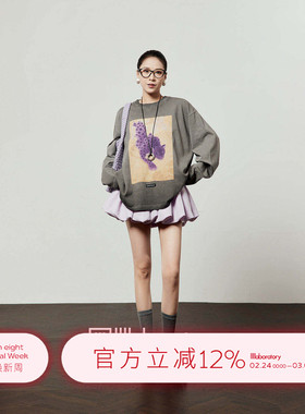 「周里物出品」灰色T恤女2026春季新款紫色豹纹印花宽松慵懒长袖
