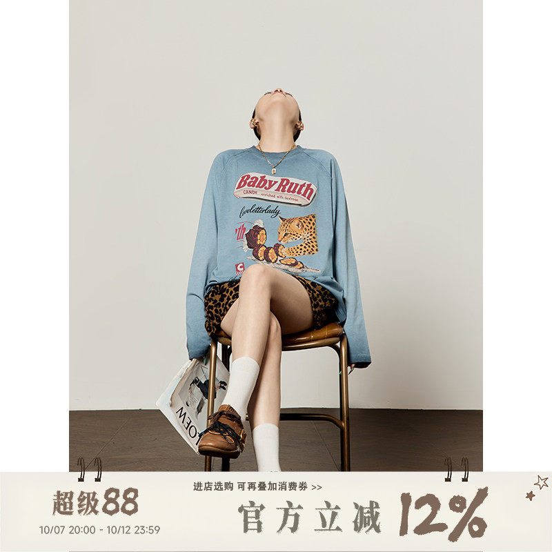 周里物/灰蓝豹叙巧梦印花T恤女2026秋季新款水洗脏染宽松复古长袖