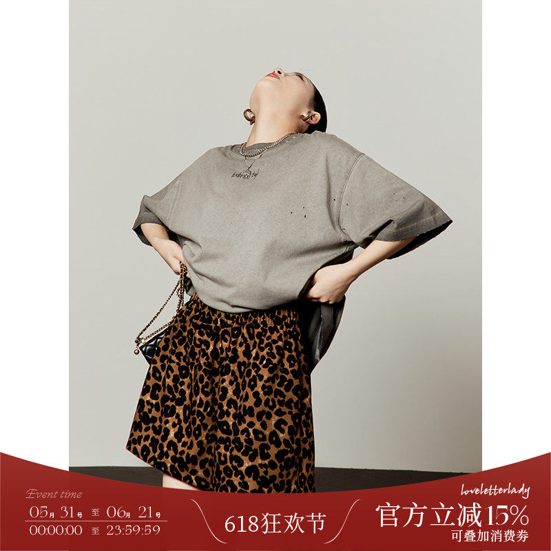 周里物/豹纹休闲裤女2026夏季新款宽松高腰印花宽松百搭直筒短裤