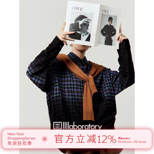 周里物紫色格子衬衫女2025秋季新款渐变宽松休闲复古通勤百搭衬衣