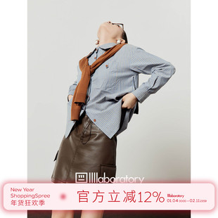 周里物/蓝色衬衫女2025秋季新款Polo领条纹复古撞色宽松百搭衬衣