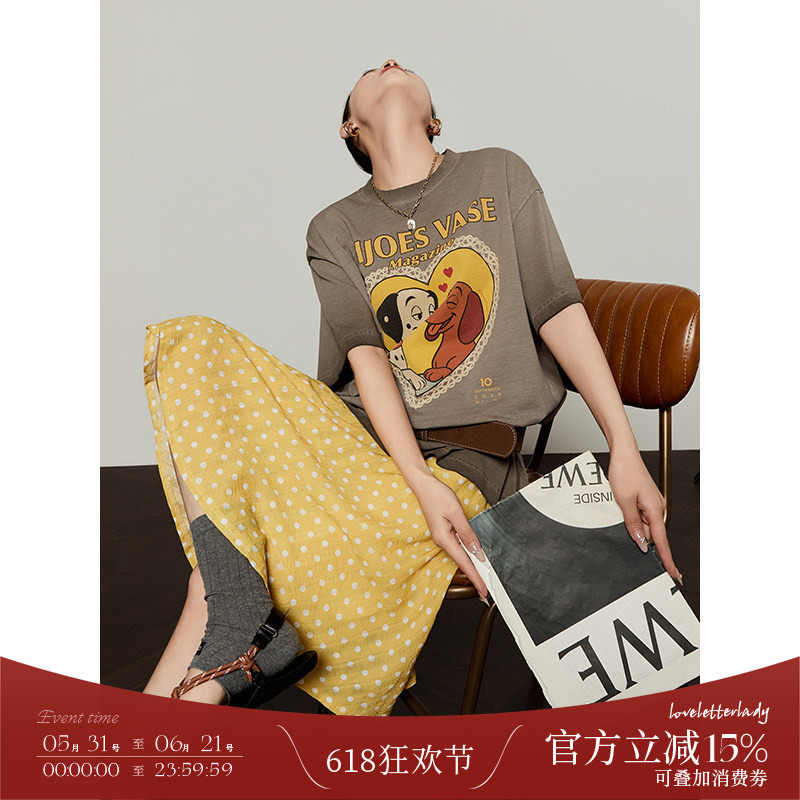 周里物/黄色波点高腰半身裙女夏日多巴胺宽松姜黄A字裙显瘦短裙