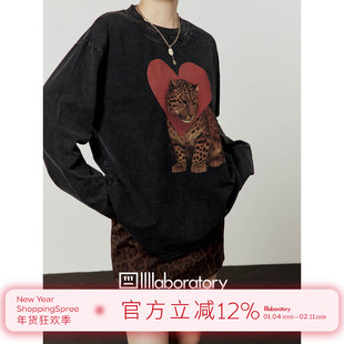 周里物出品「爱心卡纸」黑色上衣女2025秋季新款印花宽松长袖T恤