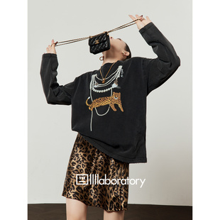 周里物出品「豹子项链」黑色印花T恤女2026春季 宽松百搭上衣 新款