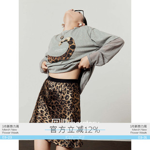 豹纹尾巴印花宽松圆领长袖 「周里物出品」灰色T恤女2026春季 新款