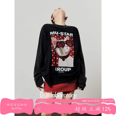 黑色猫咪印花做旧长袖