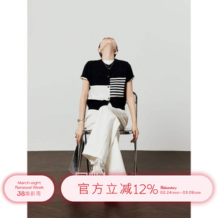 周里物黑色针织衫女2025夏季新款设计感撞色条纹镂空针织短袖开衫