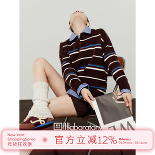 周里物/咖啡色针织衫女2025秋季新款条纹polo领小众设计针织上衣