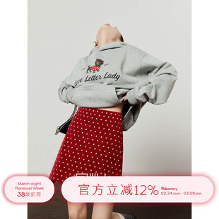 周里物出品「斑点画师」灰色加绒卫衣女2026春季新款印花连帽上衣