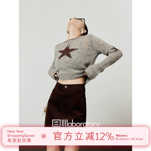 周里物/花灰针织衫女2025秋季新款时尚穿搭星型长袖圆领拼色毛衣