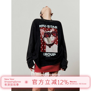 周里物出品「酷喵日记」黑色T恤女2025秋季新款猫咪印花做旧长袖