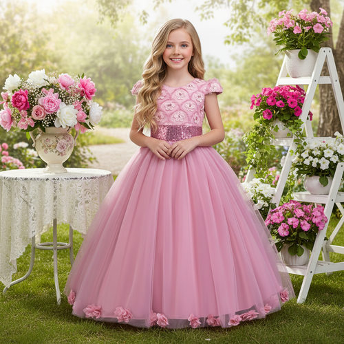 女欧美女童公主裙花朵儿童礼服