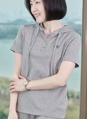 灰色连帽短袖t恤女棉质减龄帽衫高级感休闲大码宽松上衣小衫衣服
