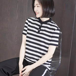 立领女士短袖t恤夏天新款凉爽宽松黑白条纹上衣冰丝微胖大码小衫