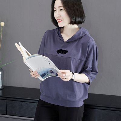 棉质中袖连帽卫衣女款加大蝙蝠袖