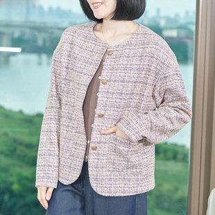 圆领长袖 纽扣粗花休闲开衫 上衣 洋气外套女士宽松大码 高级感秋冬装