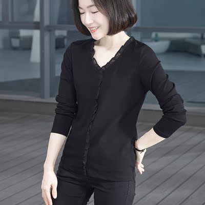 鸡心领纯棉女士长袖花边打底衫