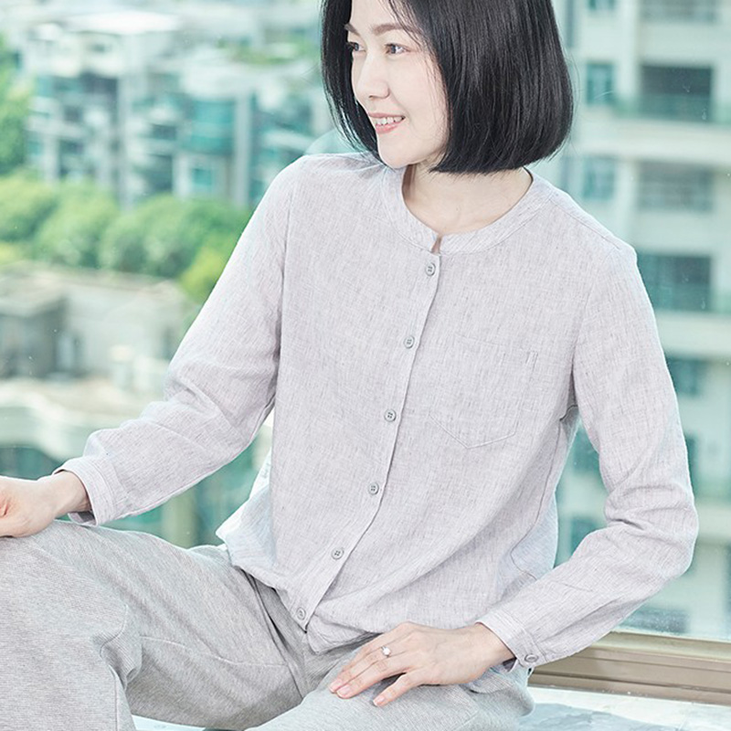 短款女士长袖衬衫设计感圆领开衫