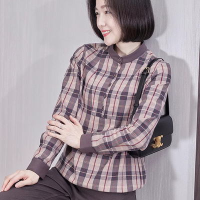 棉立领长袖女款春秋单穿妈妈衬衫